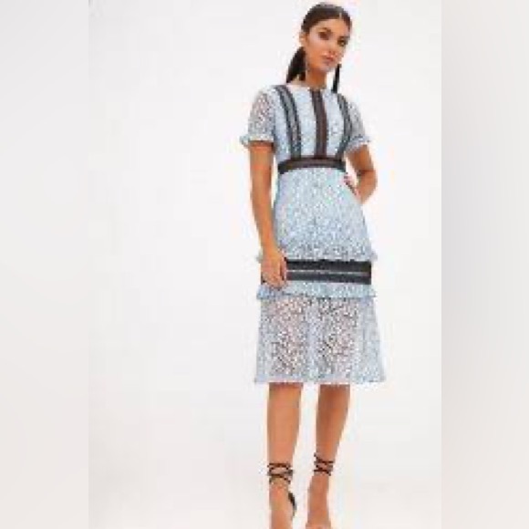 PrettyLittleThing Women’s Dusty Blue Lace Ruffle Detail‎ Midi Dress Size 8 New - Picture 1 of 15